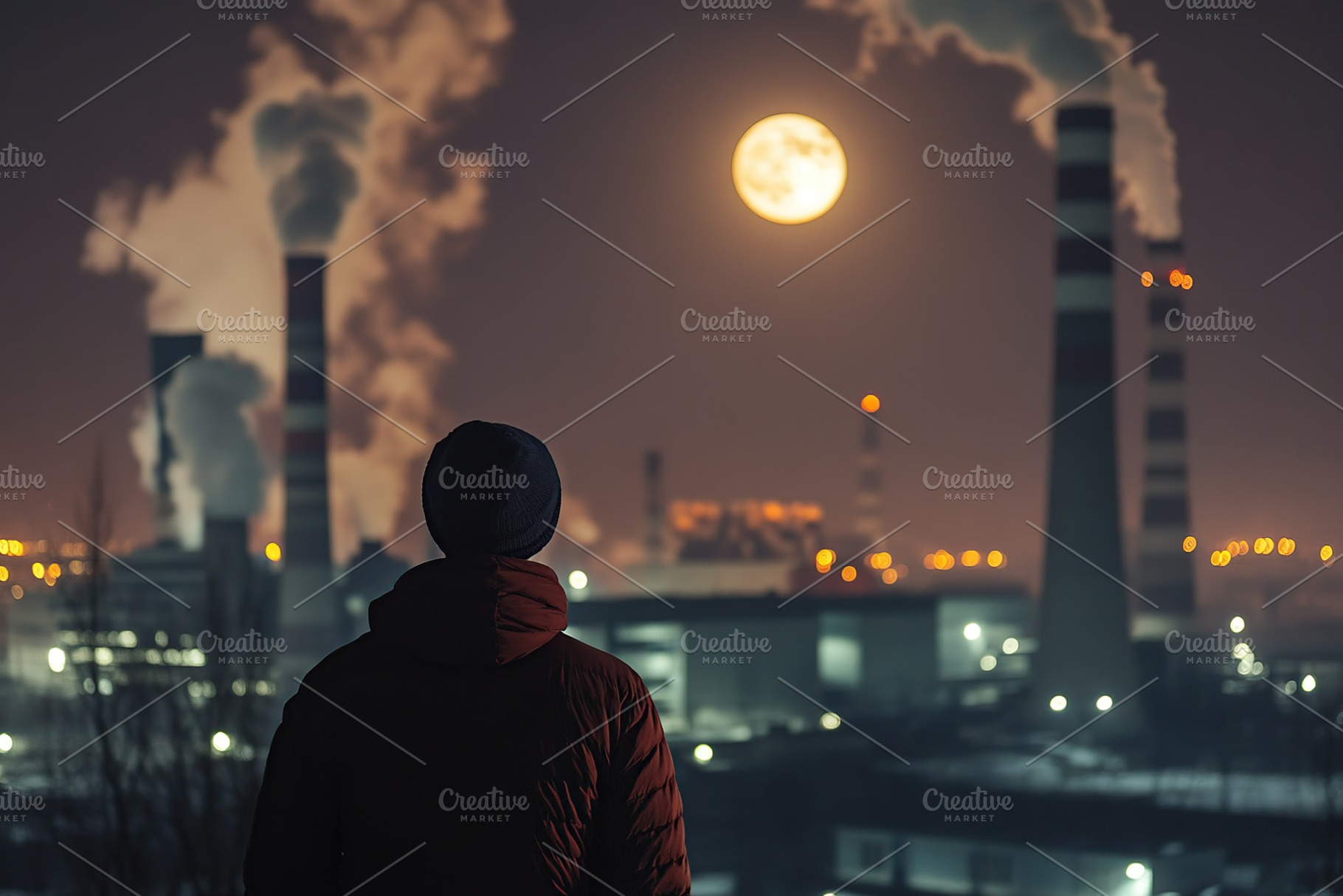 Back view of man looking on smoke emissions from thermal power plant, an Industrial Photo by AlyaAnd