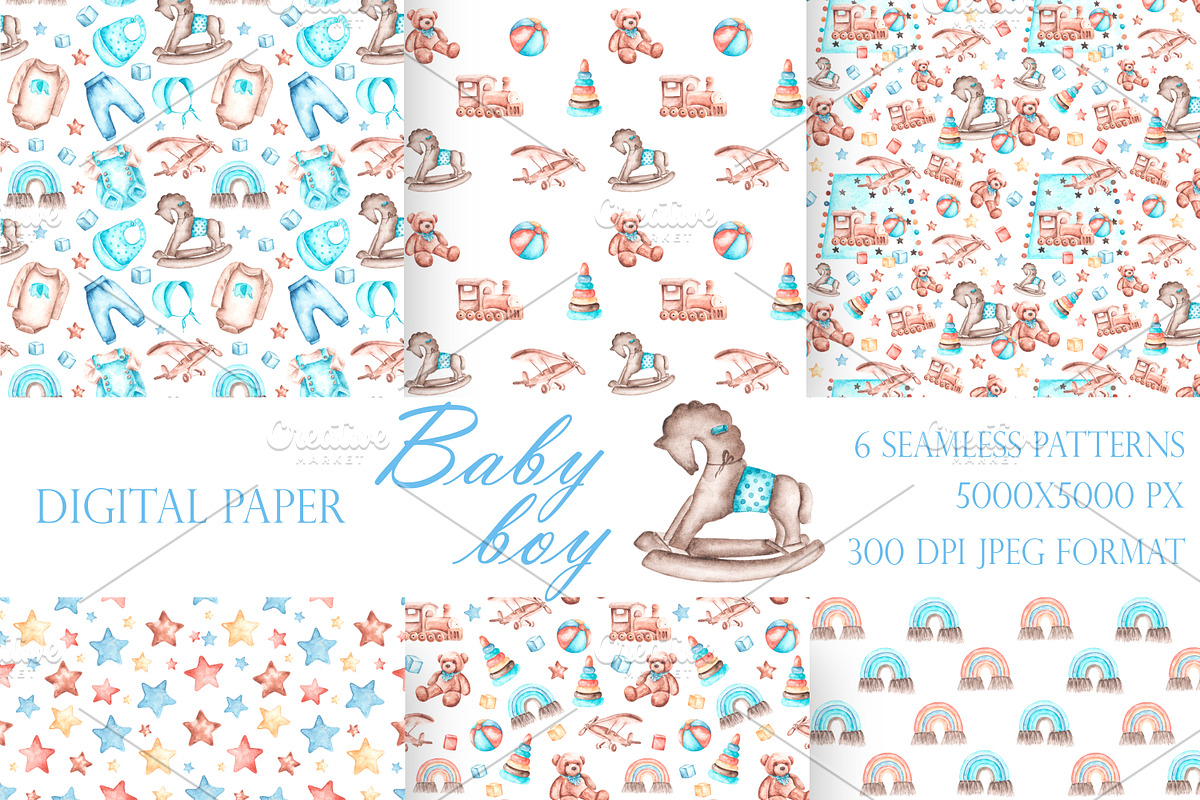 Baby boy watercolor set. Birthday., an Illustration by SabinaWatercolorArt (Photo 5 of 15)