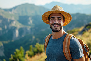 Smiling athletic man enjoying a sunny day in the mountains with backpack and st, a Person Photo by AlyaAnd