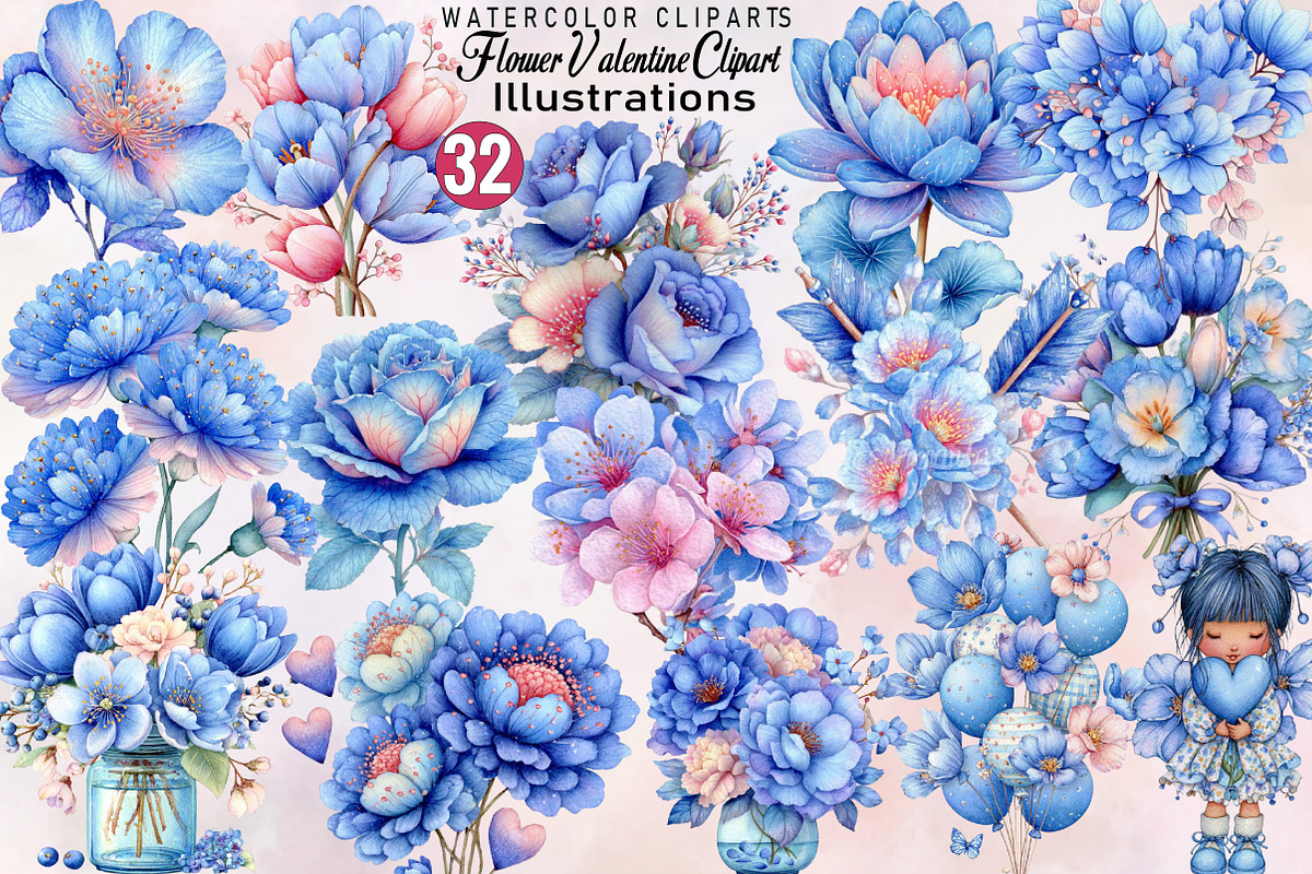 Whimsical Flower Valentine Clipart B, an Illustration by SVGArt (Photo 1 of 8)