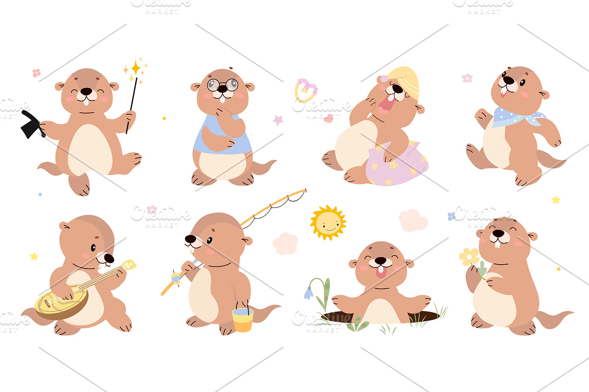 Funny groundhogs. Cartoon groundhog, an Animal Illustration by Valerie Bodnar