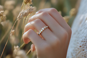 Luxury wedding ring displayed on a finger amidst natural golden grass setting, a Beauty & Fashion Photo by AlyaAnd