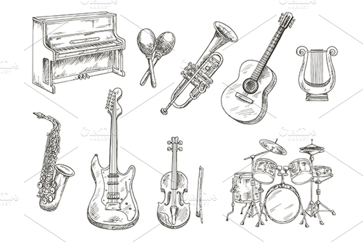Musical instruments sketches set, a Graphic by Vector Tradition