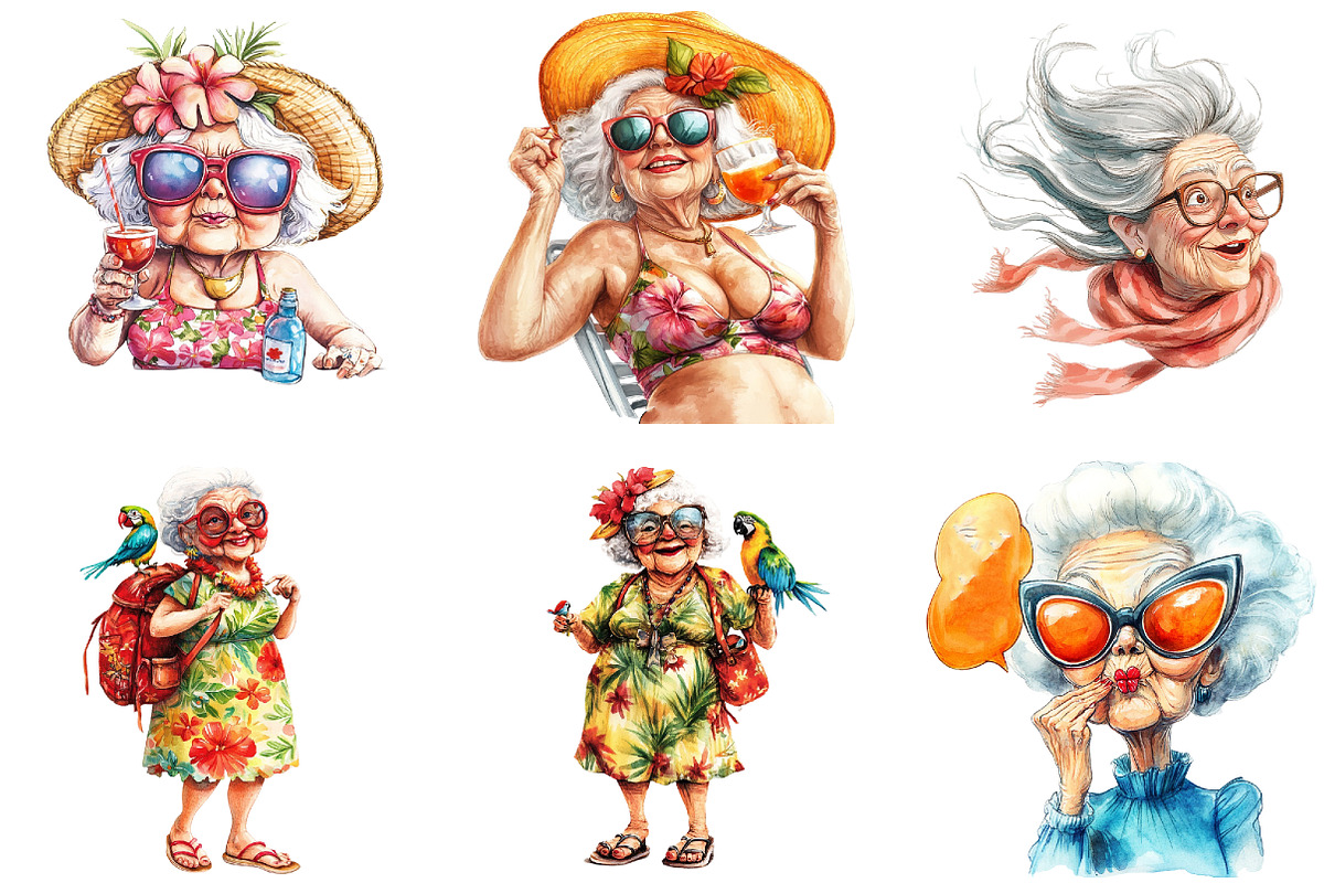 Funny Watercolor Old Lady Cruise Cli, an Illustration by DreamArtGraphic (Photo 6 of 8)