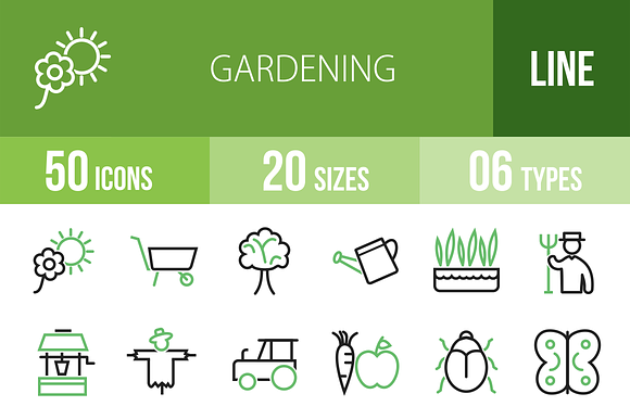 50 Gardening Green & Black Icons preview 4