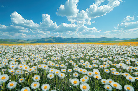 Vast field of white daisies under a, a Photo by Tanuart