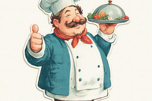 Cheerful cartoon chef giving thumbs up while holding a covered d, a Person Photo by José Manuel Gelpi