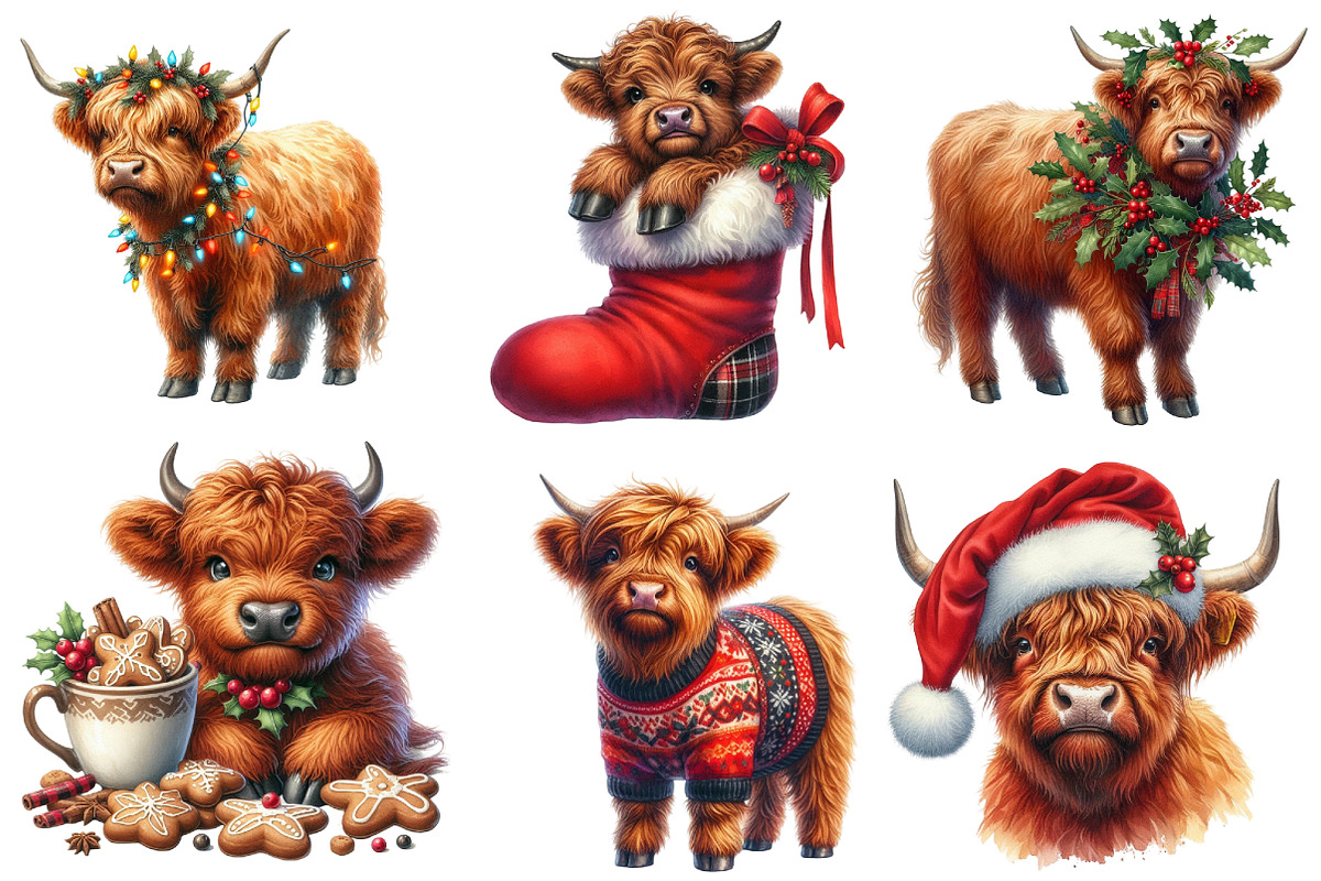 Christmas Highland Cows Clipart, an Illustration by DreamArtGraphic (Photo 2 of 5)