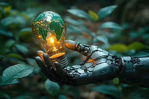 Light bulb with world map on robot hand, a Photo by AlyaAnd