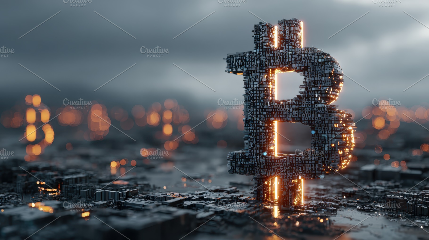 Bitcoin symbol futuristic city digit, a Photo by Pixeness Studio