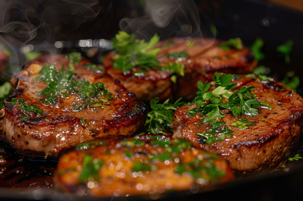Juicy pork chops sizzling on a plate, a Photo by Iftikhar Alam