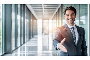 A smiling man in a suit extending a, a Person Photo by Igor Tichonow