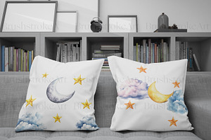 Watercolor Night Sky Clipart, Moon