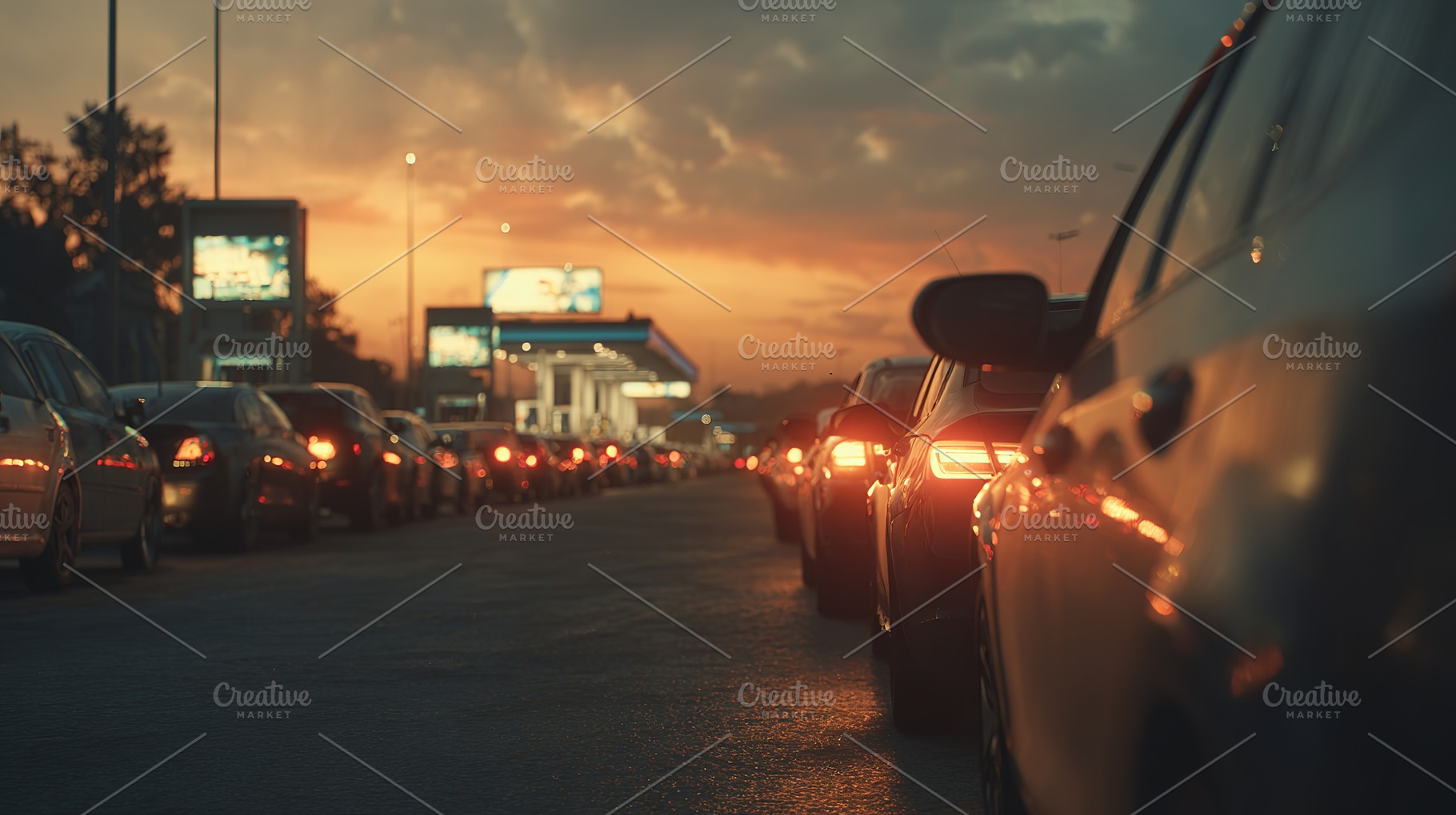 Cars queue at empty fuel station, a Photo by Design Store