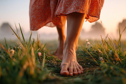 Walking barefoot through a green meadow at sunrise with dewy grass, a Person Photo by AlyaAnd