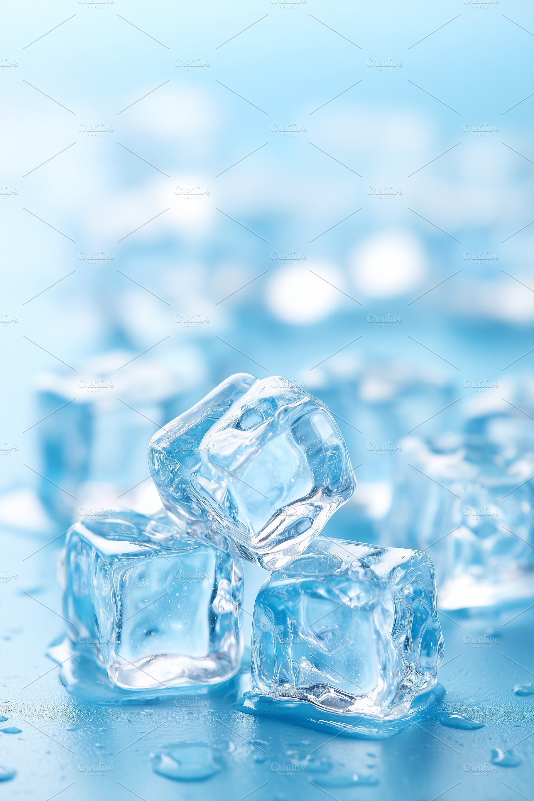 Ice cubes stacked on a wet blue, a Food & Drink Photo by MistyDay