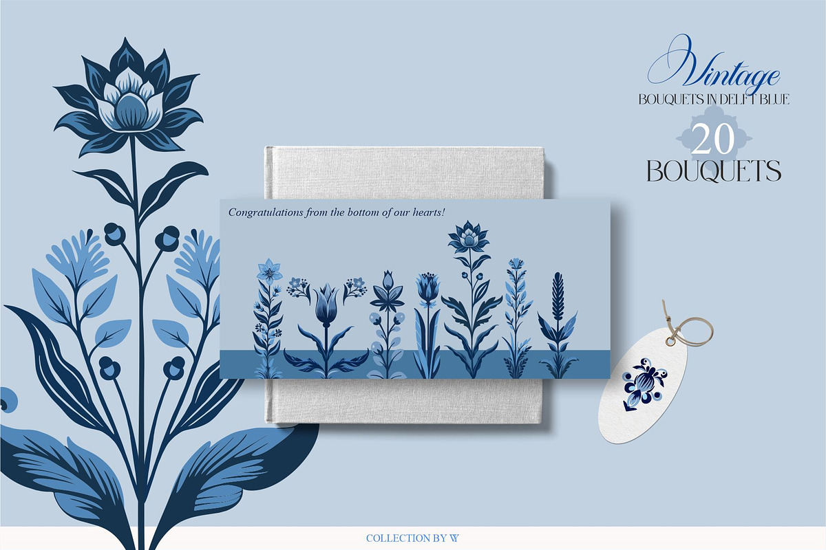 Vintage Bouquets In Delft Blue, a Decorative Illustration by Collection by VY (Photo 2 of 12)