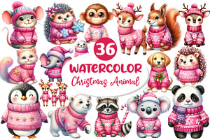 Pink Animals Christmas Clipart, an Illustration by Dream Creation