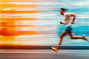 A man running swiftly against a vibrant, blurred background of orange and blue, a Person Photo by Textures & Backgrounds