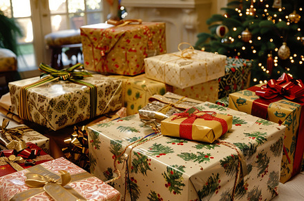 Decoratively wrapped Christmas gifts, a Photo by Tanuart