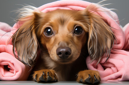 Dachshund covered with a pink towel, an Animal Photo by Perpis