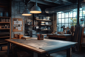 A cozy artist's studio featuring a large wooden table with art supplies, shelve, a Person Photo by Textures & Backgrounds