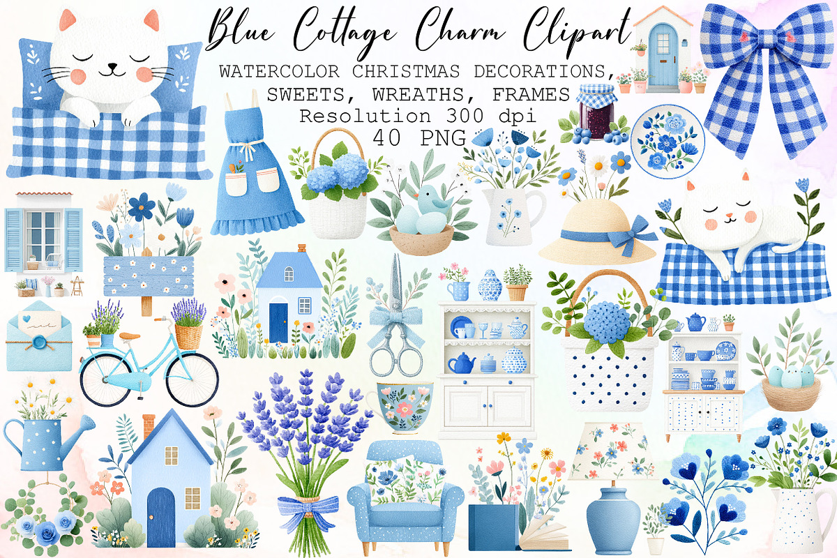 Blue Cottage Charm Clipart Set, an Illustration by Sublimation Artist (Photo 1 of 6)