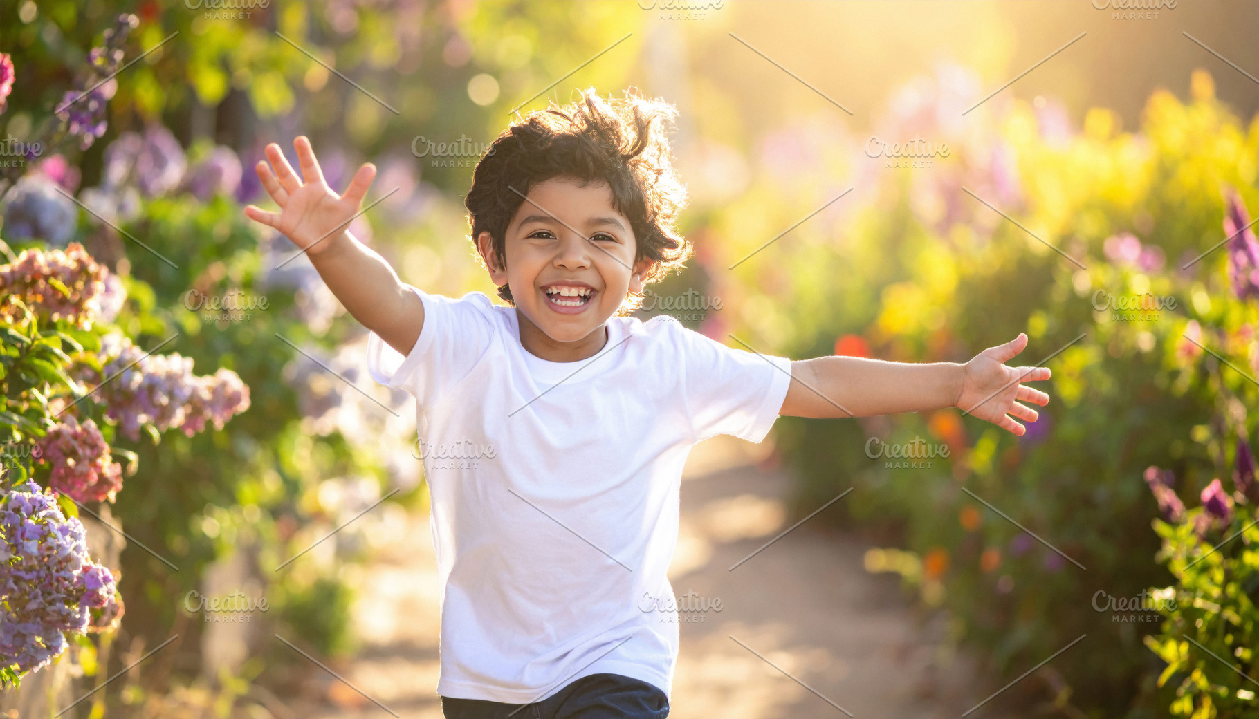 Happy Boy Running Through Colorful Flower Garden, a Sports & Recreation Photo by Davizro's Market