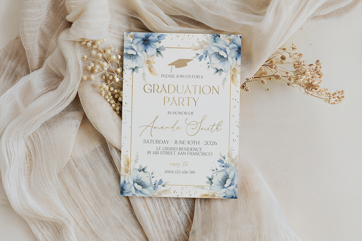 Elegant Whimsical Blue Floral Grad, an Invitation Template by MockupWizard (Photo 3 of 3)