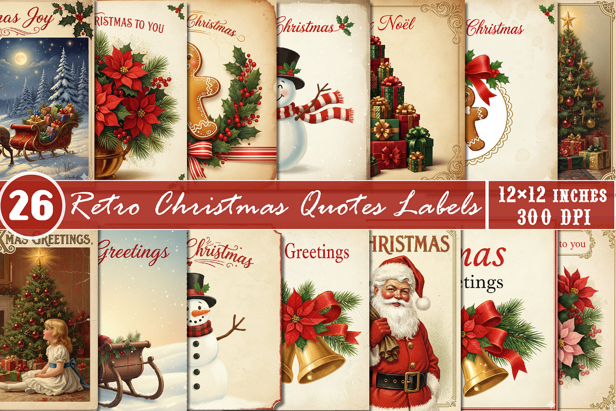 Retro Christmas Quotes Labels Bundle, an Illustration by SinaCreation (Photo 1 of 7)