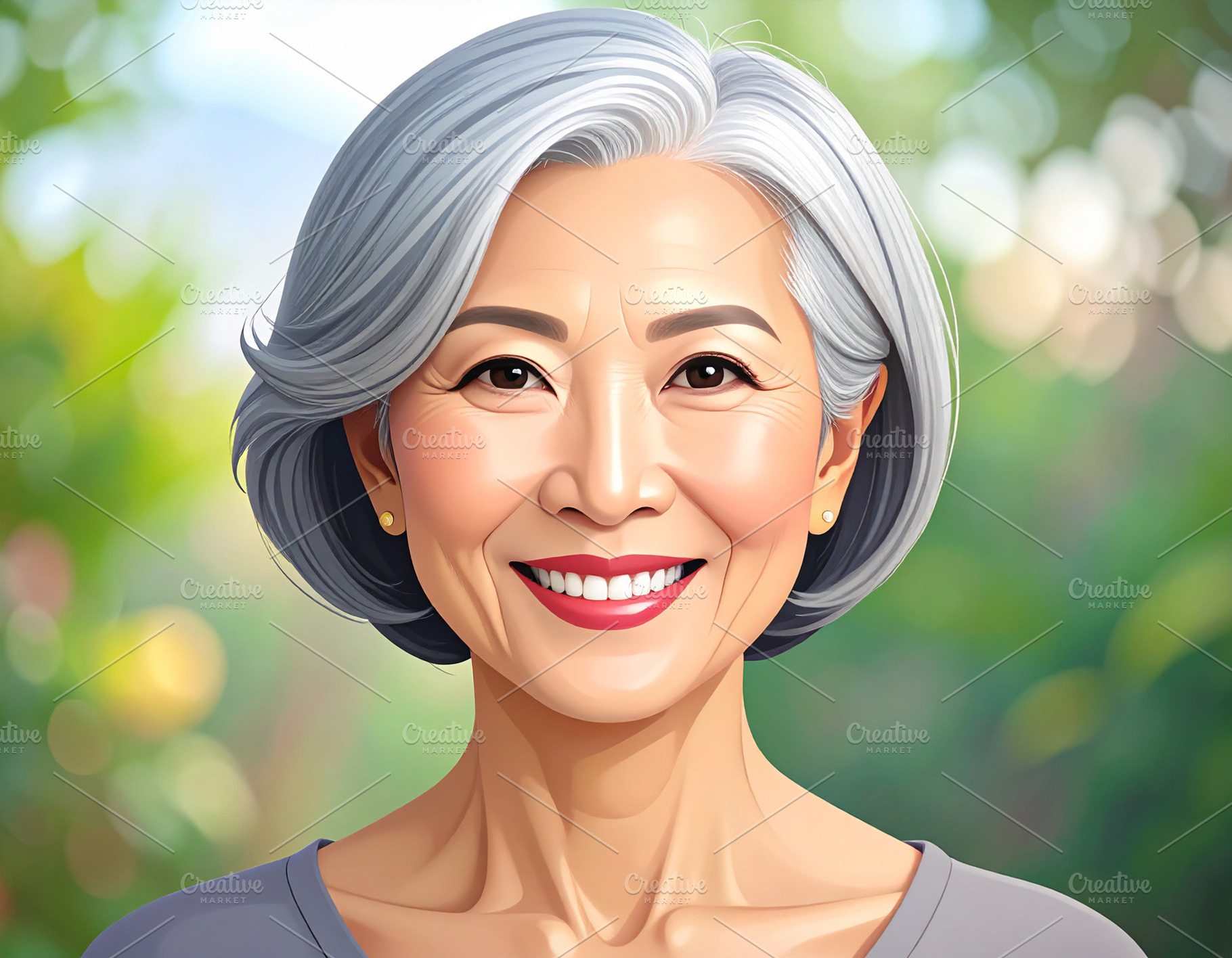 Mature asian woman with short silver hair and a radiant smile, a Person Photo by DanFLCreativo