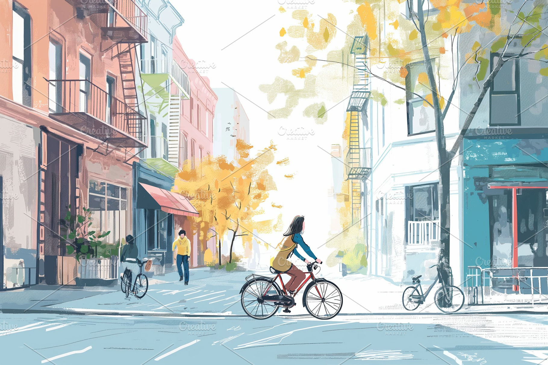 Illustration of a woman riding a bicycle on a sunny day in a city neighborhood, a Photo by Textures & Backgrounds