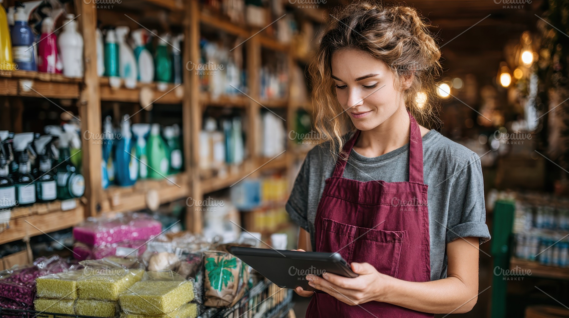 Young woman using tablet in a store, a Photo by Pixeness Studio