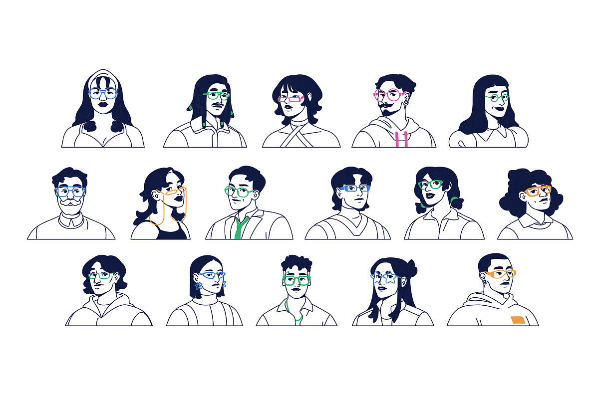 Diverse line art people avatars set, a Person Illustration by PaperTrident (Photo 1 of 3)