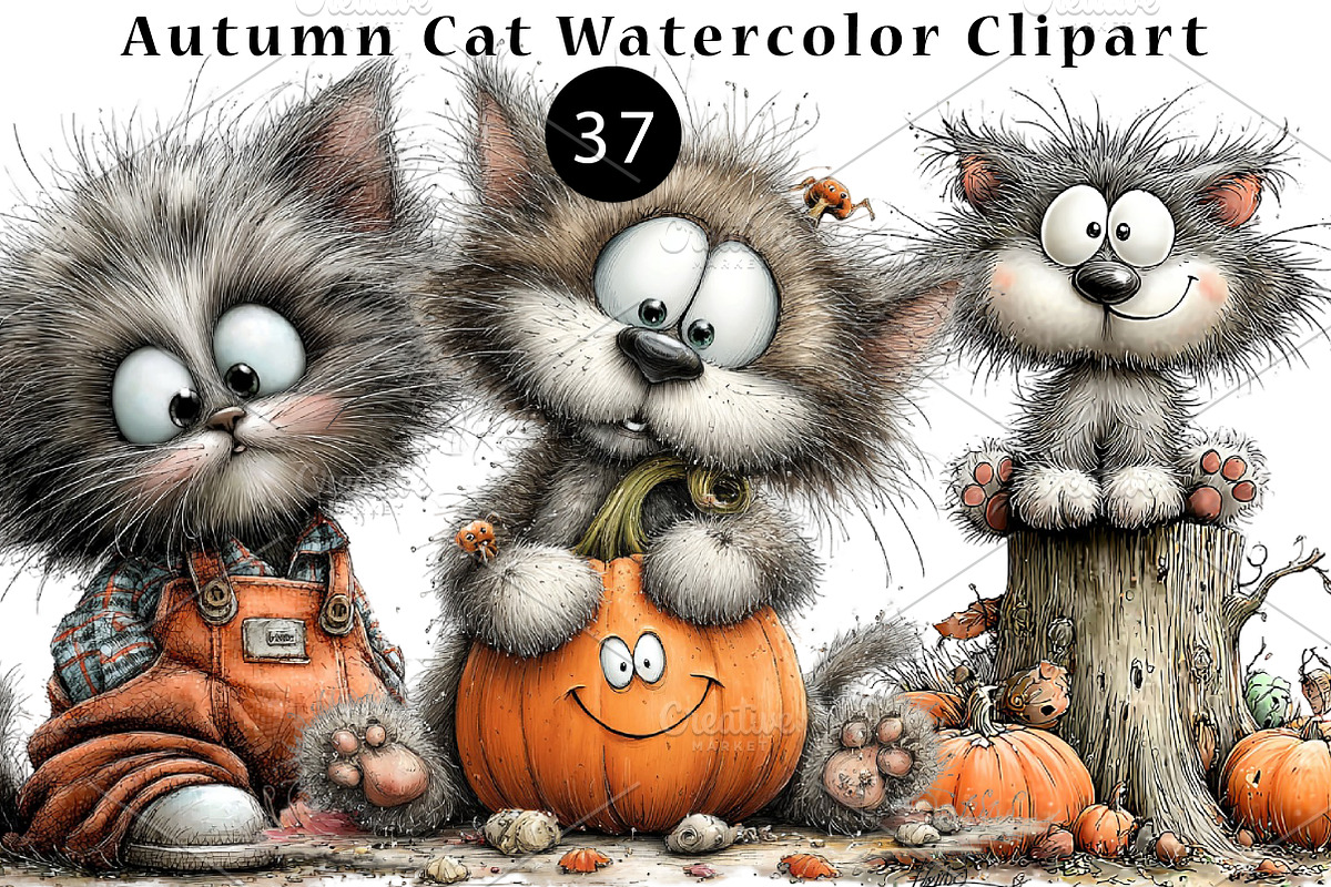 Autumn Cat Watercolor Clipart, a Seasonal Illustration by CreationArt (Photo 1 of 5)