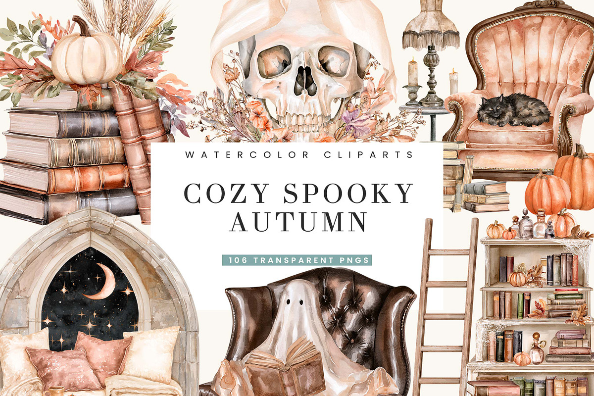 Watercolor Cozy Spooky Autumn, a Seasonal Illustration by BusyDaydesign (Photo 1 of 9)