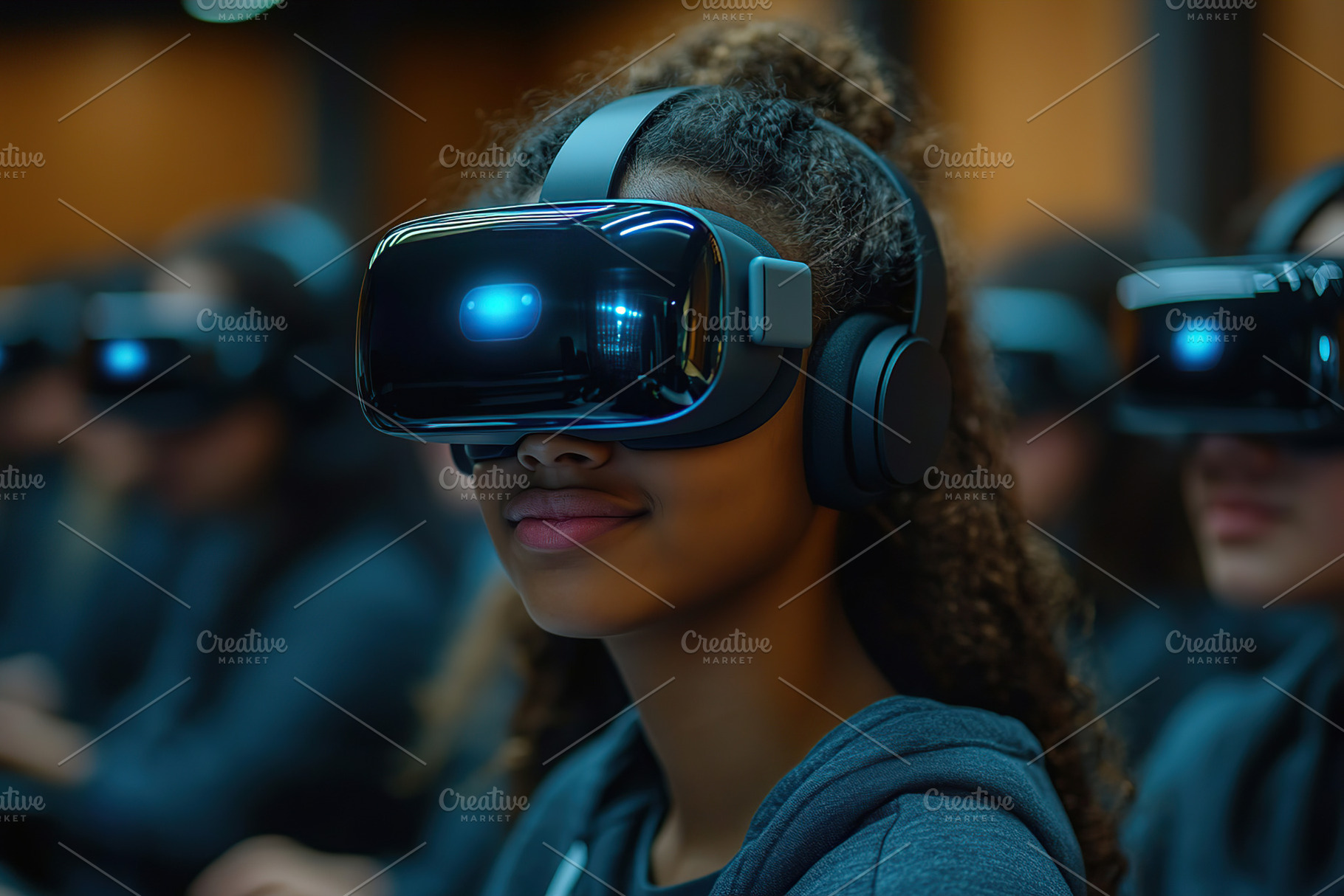 Classroom filled with students wearing VR headsets, exploring interactive exper, a Technology Photo by AlyaAnd