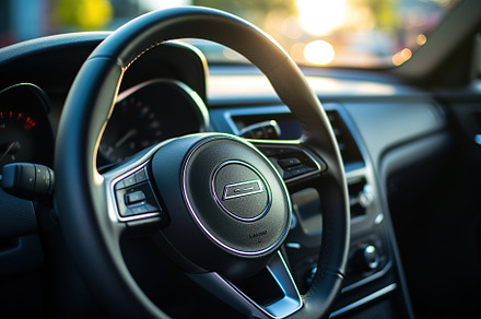 Steering wheel and interior of a modern car, a Transportation Photo by AlyaAnd