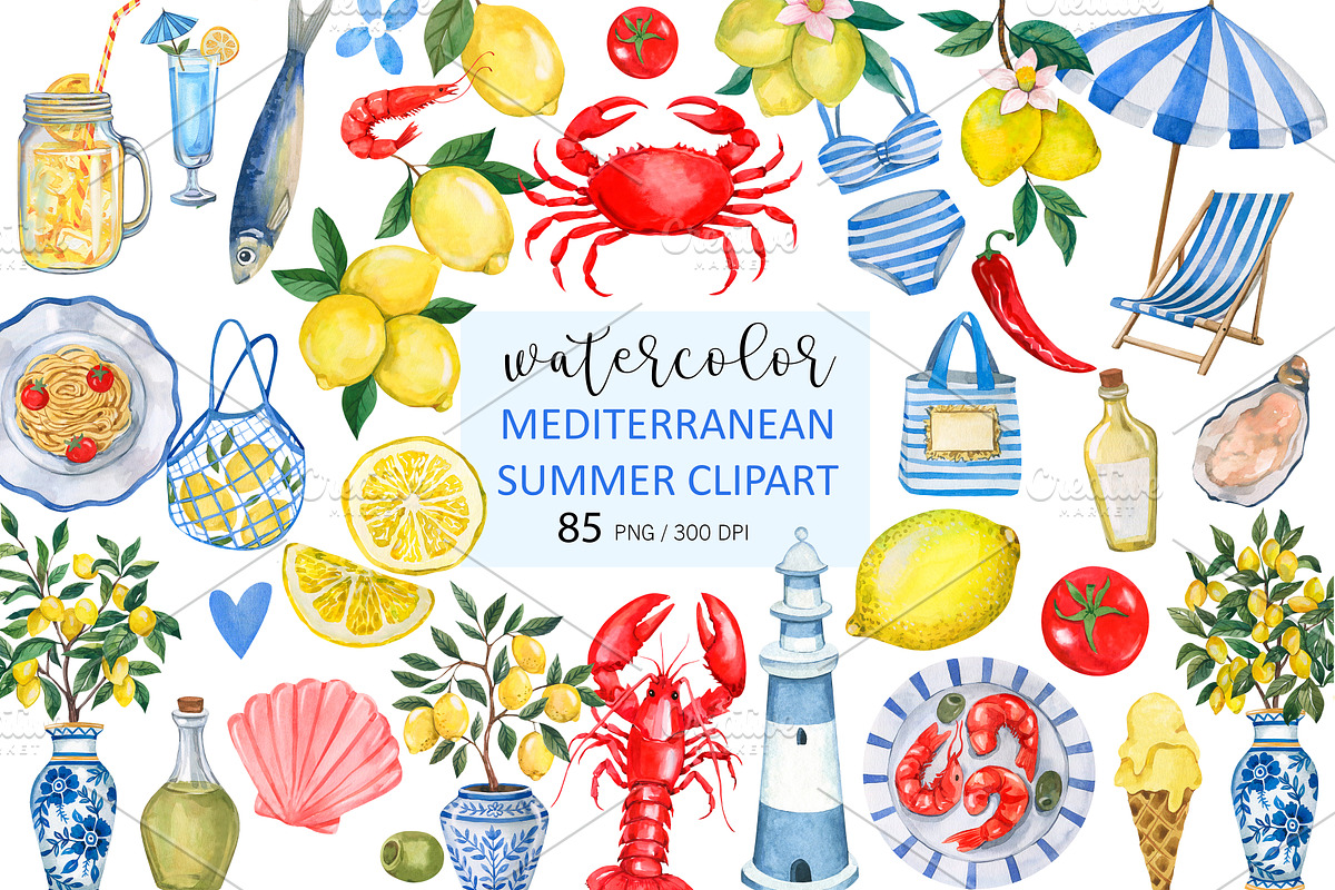 Watercolor Mediterranean Clipart PNG, a Food Illustration by PatternPalette (Photo 1 of 9)