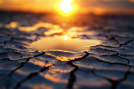 Sunset over cracked earth with a sma, a Photo by Tanuart
