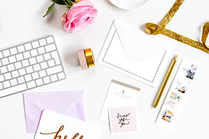 Pretty minimal flatlay stock photo containing roses, gold, and goldfoil