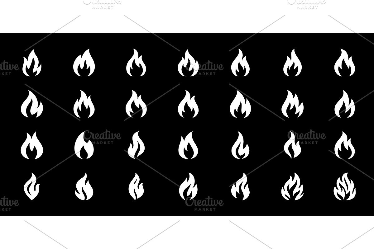 Set of white flame icons on black, an Object Illustration by GraphiShop