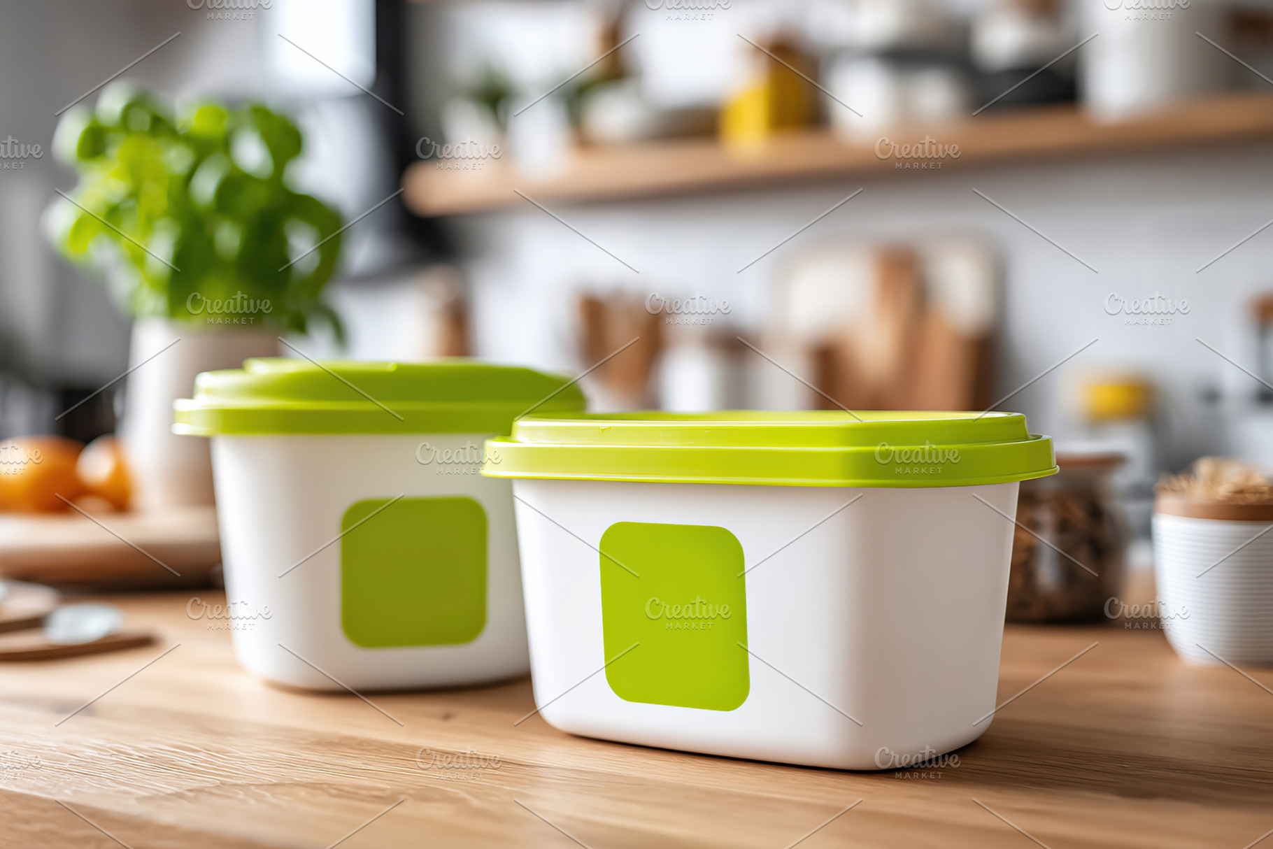 Bold food container mockup on a wooden countertop for modern storage solutions, a Food & Drink Photo by AlyaAnd