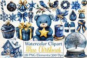 Watercolor Blue Christmas Clipart, an Illustration by DreamCafeArt (Thumbnail 1 of 4)