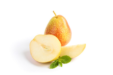 Fresh sweet pears with mint isolated on white background, a Food & Drink Photo by AtlasStudio