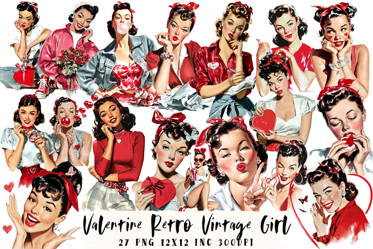 Valentine Retro Vintage Girl Clipart, an Illustration by OK Design (Photo 1 of 6)