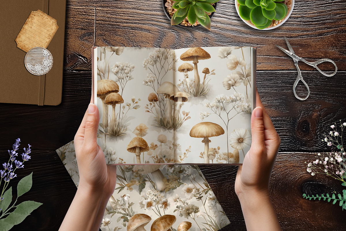 Neutral Mushroom Botanical Scrapbook, a Background Graphic by V Design Creator (Photo 2 of 11)
