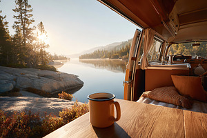 Serene van retreat beside lake at sunrise with a warming cup of coffee, a Food & Drink Photo by AlyaAnd
