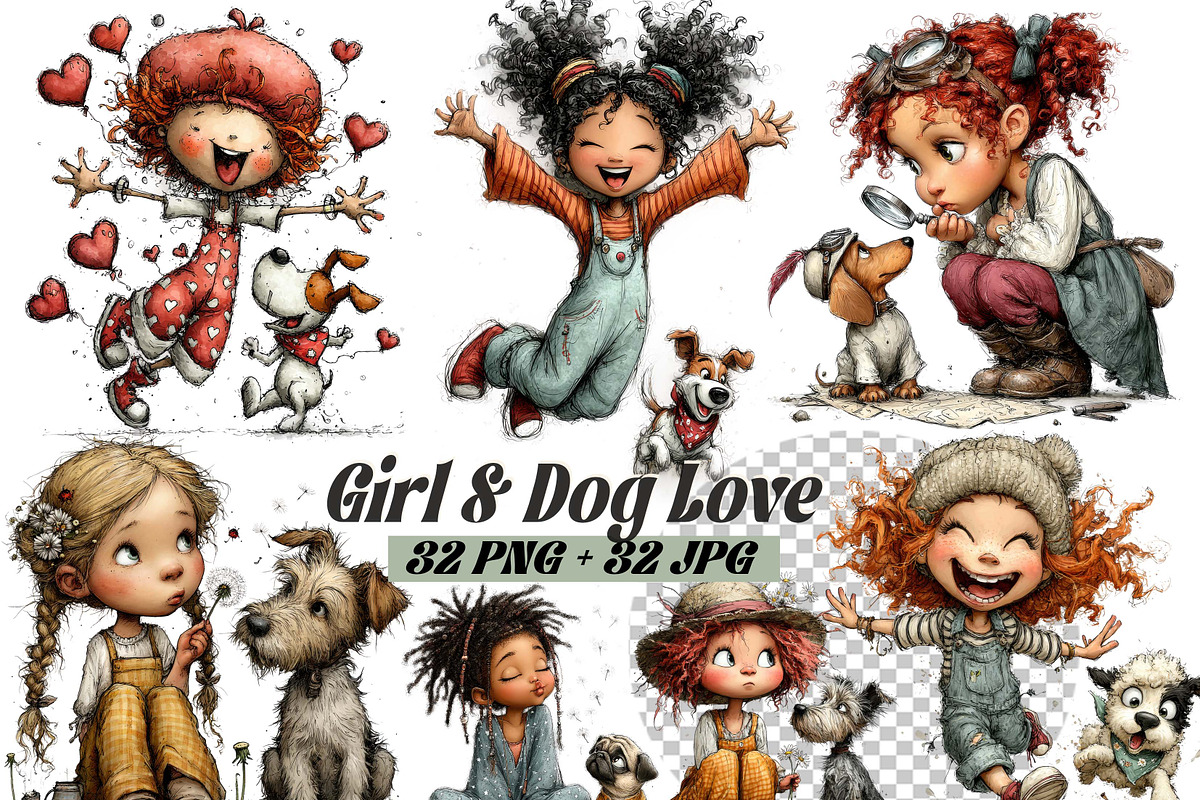 Whimsical Girl and Dog Love Clipart, an Illustration by one-touch (Photo 1 of 18)