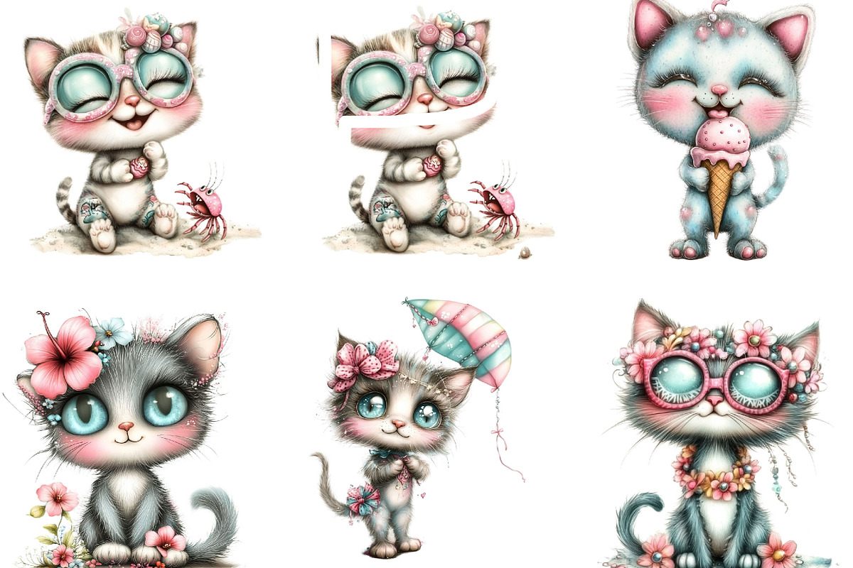Whimsical Summer Cats Clipart, an Illustration by Designking (Photo 3 of 4)